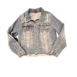 Versona Denim Jacket Women’s Size Medium Light Wash‎ Distressed Style Rough Hem